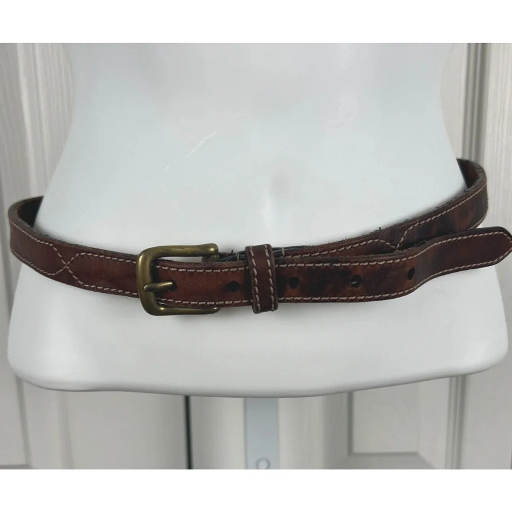 Brown Genuine Leather Belt Contrast Stich Detail Brass Buckle .75